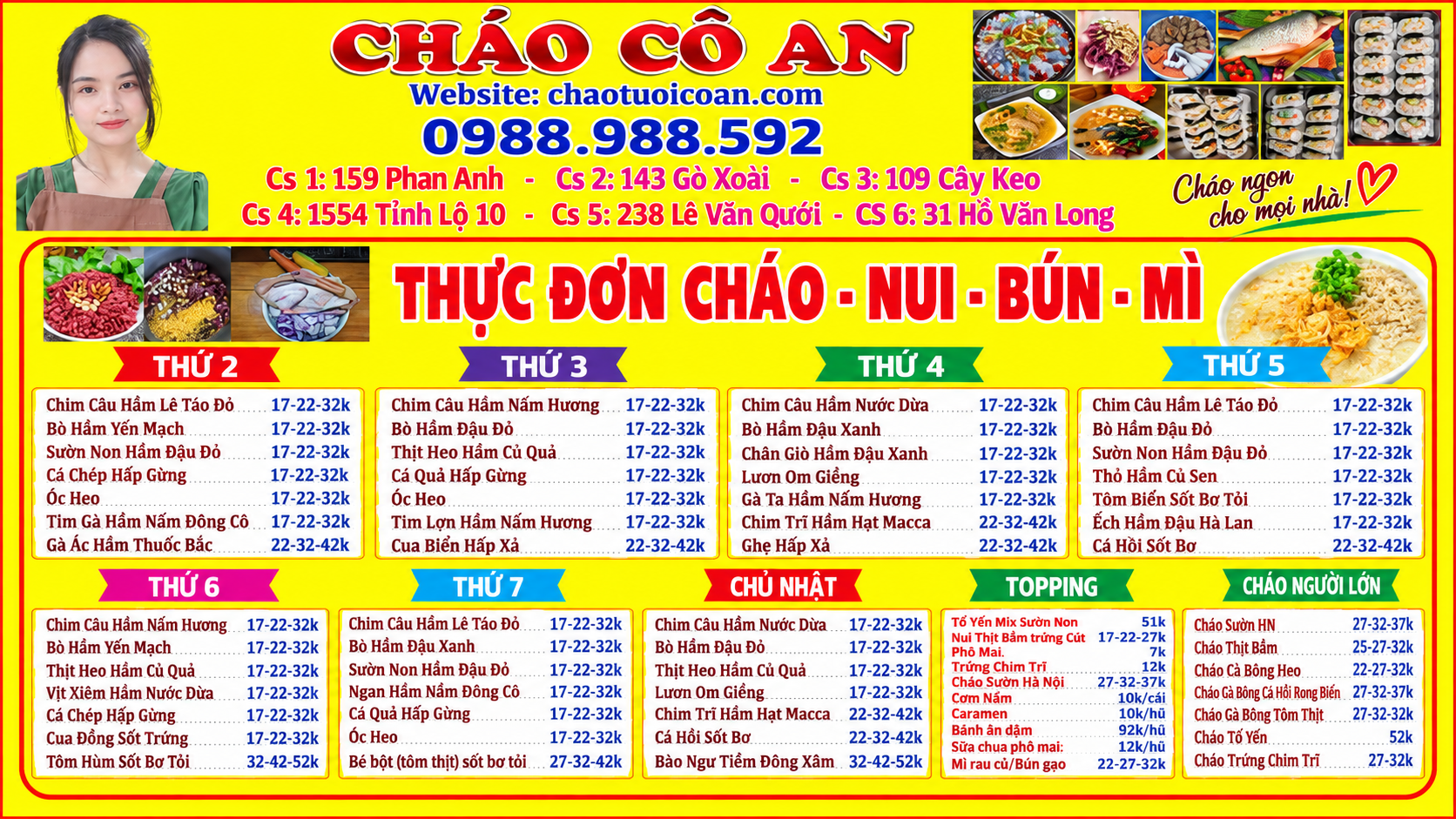 menu cháo tươi cô an